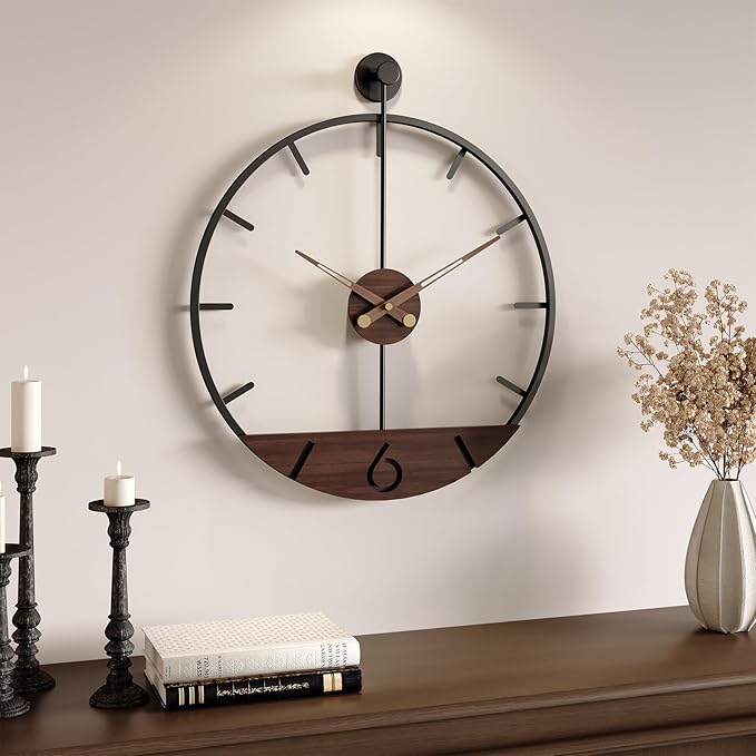16 Inch Modern Wall Clock with Walnut Wood Dial, Silent Non-Ticking Battery Operated Metal Frame Clock Decorative for Living Room, Kitchen, Office, or Bedroom Wall Decor, Black and Brown