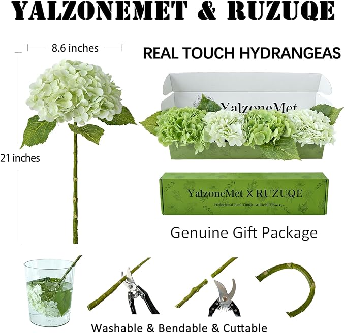 YalzoneMet Hydrangea Artificial Flower Natural Lifelike Real 21 inch Latex Long Stem 2 Light Green+2 Dark Green Hydrangea Flower Bouquets for Home Party Outdoor Wedding Table Centerpiec Decor
