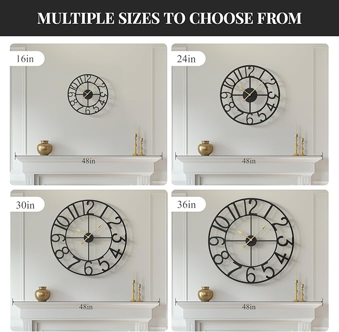 Large Wall Clock for Living Room Kitchen Mantel Decor, 30 Inch Decorative Wall Clock Silent Non Ticking Battery-Operated Metal Round Modern Black Wall Clocks Arabic Numerals