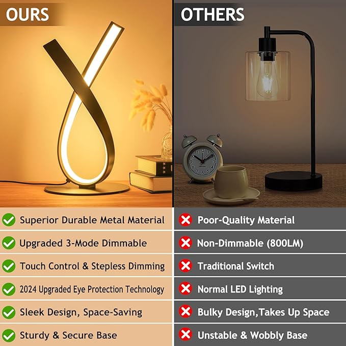 NUÜR Modern Table Lamp, Stepless Dimmable LED Spiral Lamp for Living Room, Contemporary Nightstand Lamp, Black Bedside Table Lamp for Bedroom, Home, Office