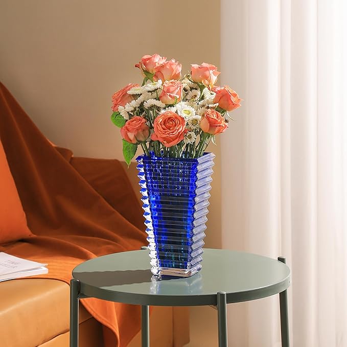 MCMCNCUIU Crystal Vase, Large Crystal Vases for Flowers, Large Flower Vase, Modern Blue Vases for Living Room, Bedroom, Kitchen, Dining Table, Mantle, Wedding, 9 Inches
