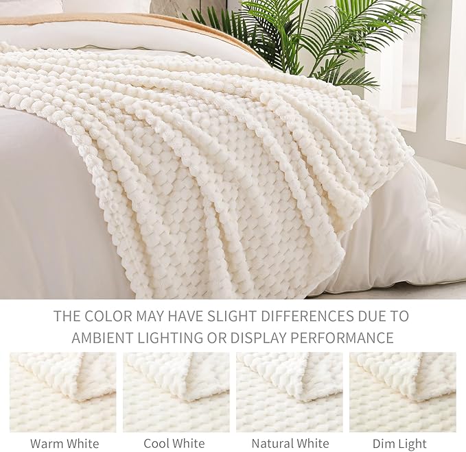 Exclusivo Mezcla Queen Size Soft Fleece Blanket, 90x90 Inches Stylish Jacquard Velvet Blanket for Bed, Fuzzy Cozy Lightweight for All Season, Ivory