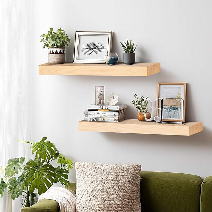 24x8x1.6 inch Floating Shelves Set of 2 – Solid Wood Rustic Wood Wall Mounted Shelf for Kitchen, Bathroom, Living Room