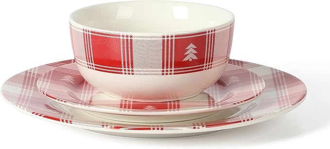 Martha Stewart Plaid Decorated Red and White Stoneware Dinnerware Set, Service for 4 (12pcs)