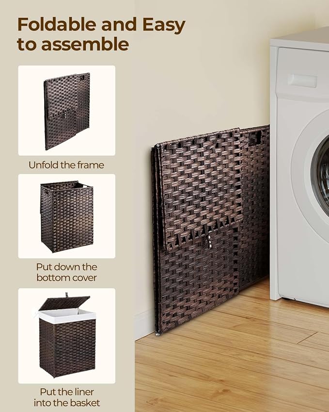 Greenstell Laundry Hamper with Lid, 125L Laundry Basket with 2 Removable Liner Bags & 2 Mesh Bags, Handwoven Synthetic Rattan Clothes Hamper for Clothes, Toys in Bathroom, Bedroom, Foldable, Brown