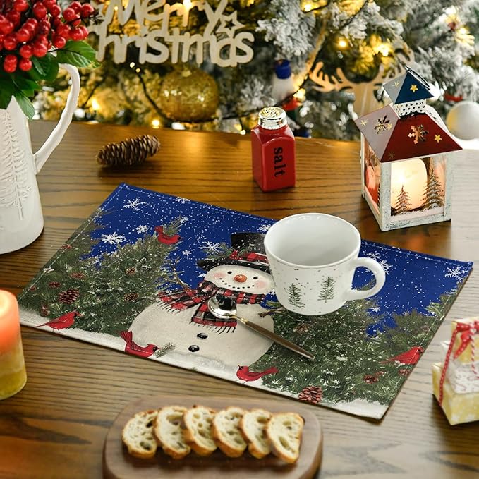 Artoid Mode Blue Snowman Trees Bird Christmas Placemats Set of 6, 12x18 Inch Seasonal Winter Table Mats for Party Kitchen Dining Decoration