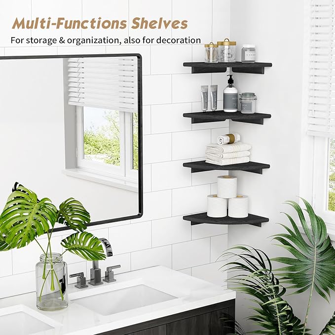 Forbena Black Corner Floating Shelves for Wall Set of 4, Small Rounded Corner Shelves Wall Mount for Bedroom Books, Mini Wood Hanging Corner Shelf for Bathroom Decor, Living Room, Small Spaces