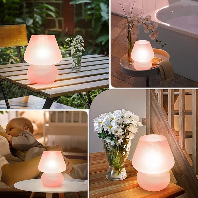 ONEWISH Mushroom Lamp Cute Table Lamp for Bedroom Nightstand Soft Light Pink, Small Glass Nightlight Stepless Dimmable Desk Lamp for Dining, Living, Nursery, Vanity, Home Decor Lamp for Girls Women