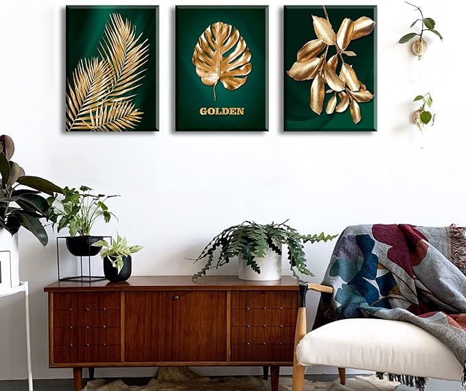 JiazuGo 3Pcs Emerald Green and Gold Canvas Prints - Tropical Botanical Wall Art for Bathroom Bedroom Decor, Mid Century Modern Vintage Room Decorations, Framed Plant Pictures