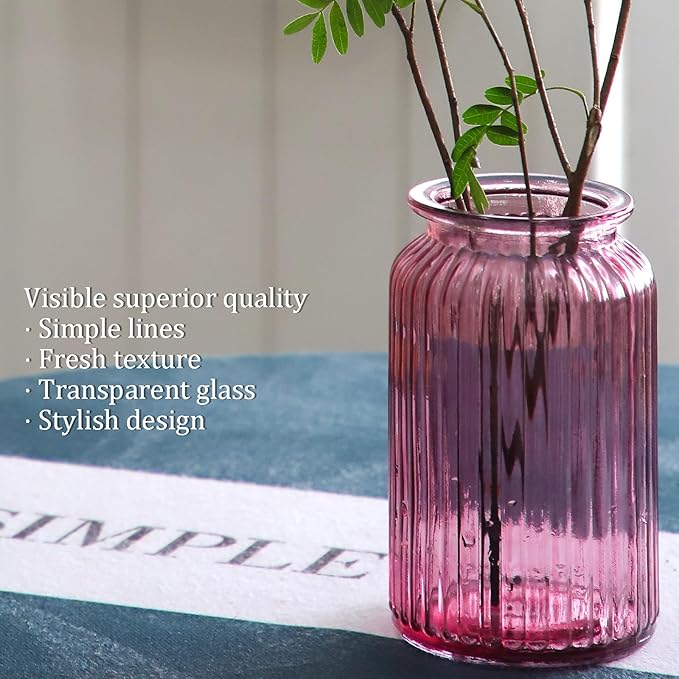 OFFIDIX Glass Vase,7.3 * 4.3in Vertical Line Geometric Faceted Design Flower Vase