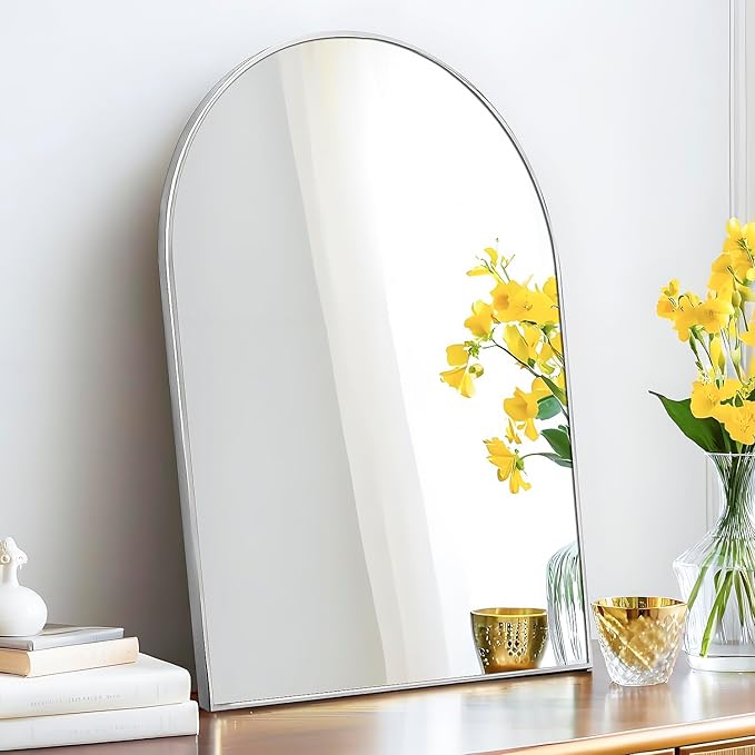24x36 Arch Mirror Square Full Length Wall Mounted Hanging or Against Wall Metal Frame Dressing Make-up Mirrors for Entryway Bedroom Bathroom Living Room 24 36 inch Silver