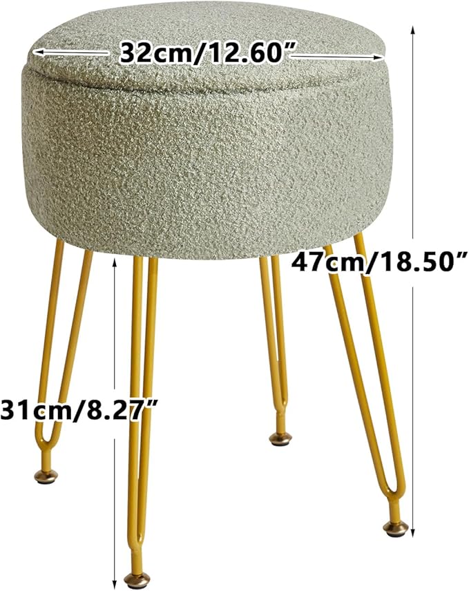 IBUYKE Teddy Velvet Storage Footrest Stool Ottoman, Makeup Vanity Stool Side Table with Removable Cover, Golden Steel Legs, Coffee Table Top Cover, Light Green WBD010D