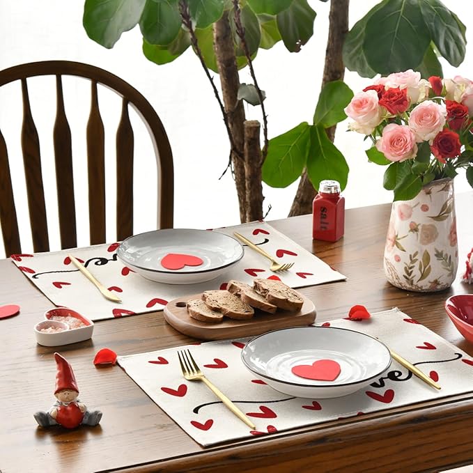Artoid Mode White Love Valentine Placemats Set of 4, 12x18 Inch Seasonal Anniversary Holiday Table Mats for Party Kitchen Dining Decoration