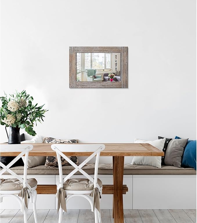 Rustic Wood Framed Wall Mirror Farmhouse Rectanglular Vintage Antique Decor Hanging Mirror for Bathroom Bedroom Living Room Entryway Small