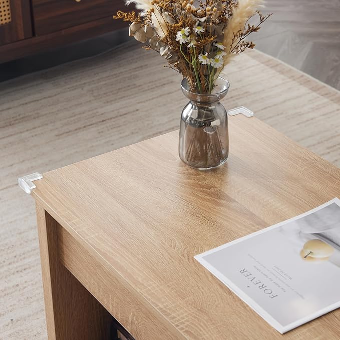 VINGLI Lift Top Coffee Table, Oak Top with Rattan Frame, Farmhouse Cross-Sided Design, with Storage Shelf/Hidden Compartment, Gas Lift Mesa De Centro para Sala Pop Up Coffee Table
