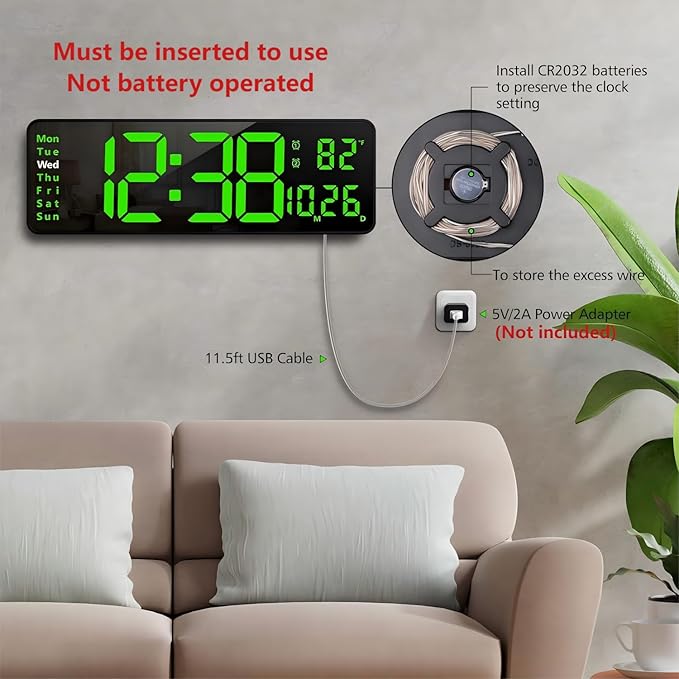 Zgrmbo 16-inch Digital Wall Clock with Remote Control, Large Display Digital Clock with Date, Indoor Temp, Week, 12/24H, Auto Dimming, A Wall Clock Suitable for Living Room, Warehouse, Shop, Gym