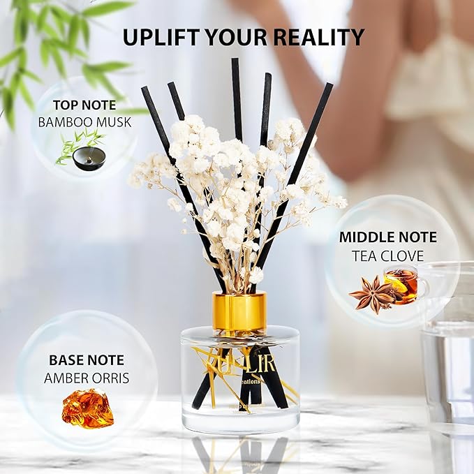 Flower Reed Diffusers for Home with 1 Bamboo Double Essential Oil, 3.4 oz (100ml) - Elegant Reed Diffuser Set with 5 Sticks for Home Decor, Bathroom, Any Room, Housewarming Gift