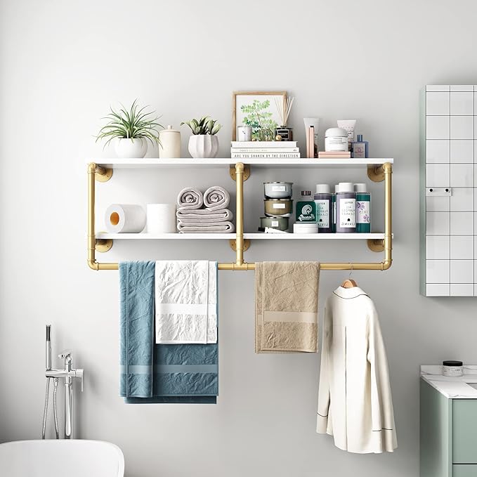 HOMEKAYT 48'' Industrial Pipe Shelving Floating Wall Shelves 2 Tier Gold Shelves Multiple Use for Kitchen, Bedroom,Living Room,Bathroom