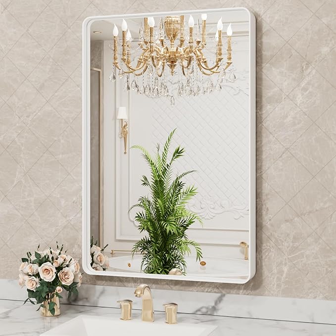 LOAAO 24x32 Inch White Metal Framed Bathroom Mirror for Wall, White Bathroom Vanity Mirror Farmhouse, Large Rounded Rectangle Mirror, Anti-Rust, Hangs Horizontally or Vertically