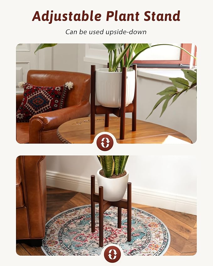 Adjustable Plant Stand Indoor, Bamboo Plant Stand Fits 8 9 10 11 12 Inches, Small Corner Planter Holder for Indoor Plants, Single Floor Plant Stands for Living Room Balcony, Reddish Brown