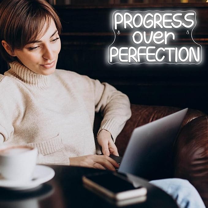 Progress Over Perfection Neon Sign,Dimmable Classroom Positive Neon Light, USB Neon Light for Motivational Classroom Decor Positive Affirmation Mental Health Man Cave Office Wall Decor(15.7 * 9 in)