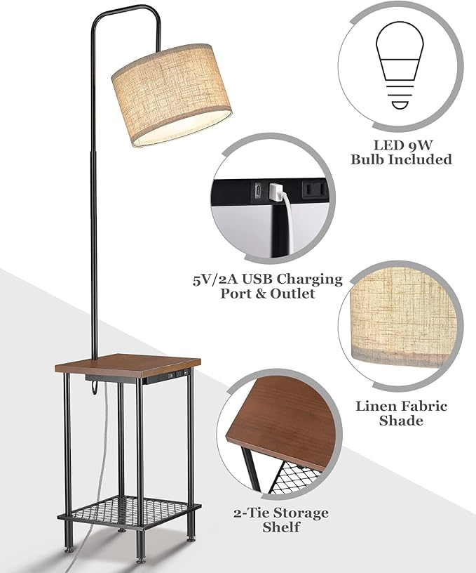 ELYONA Industrial Table Floor Lamp, Solid Wood End Table lamp with USB Type-C Charging Port & Power Outlet, Side Table Shelf Tall Pole Standing Light for Living Room,Bedroom,LED Bulb Included, Brown