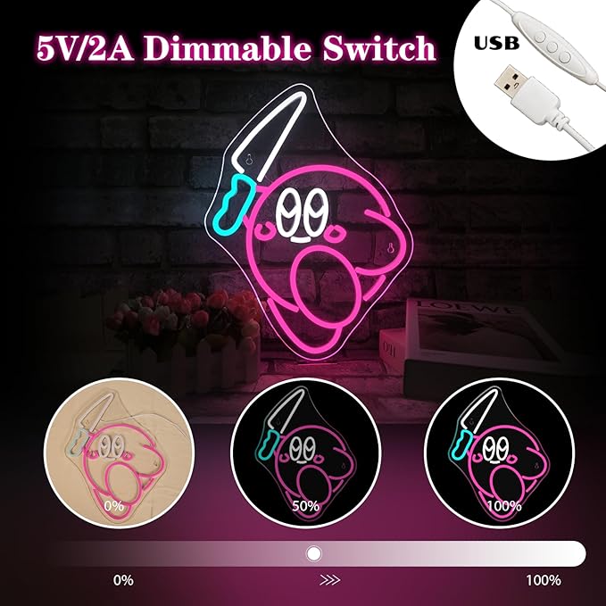Kirbee Knife Neon Sign Dimmable Cute Animal Led Signs for Wall Decor LED USB Gaming Neon Light Sign for Boys Bedroom Game Room Decoration Gamer Fans Birthday Gifts