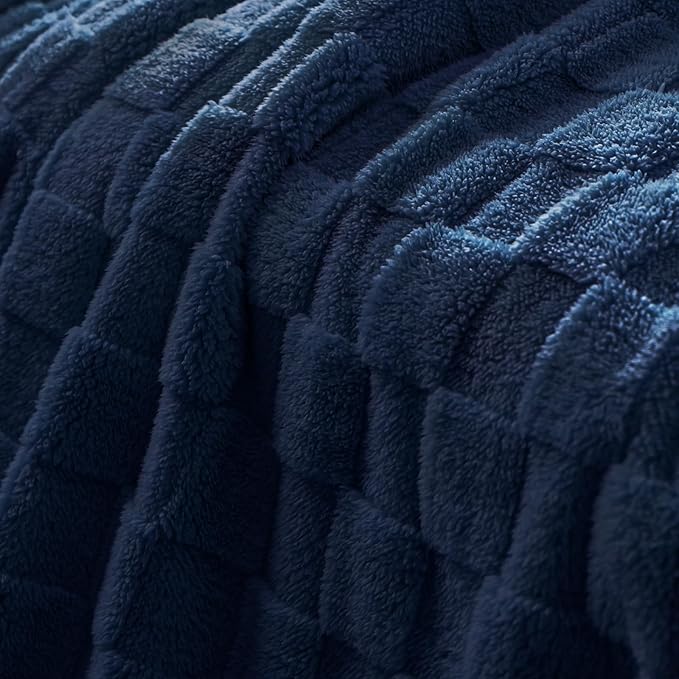 Exclusivo Mezcla Fleece Throw Blanket for Couch,Super Soft and Warm Lightweight Checkered Pattern Blankets for All Seasons, 50x60 Inches, Navy Blue