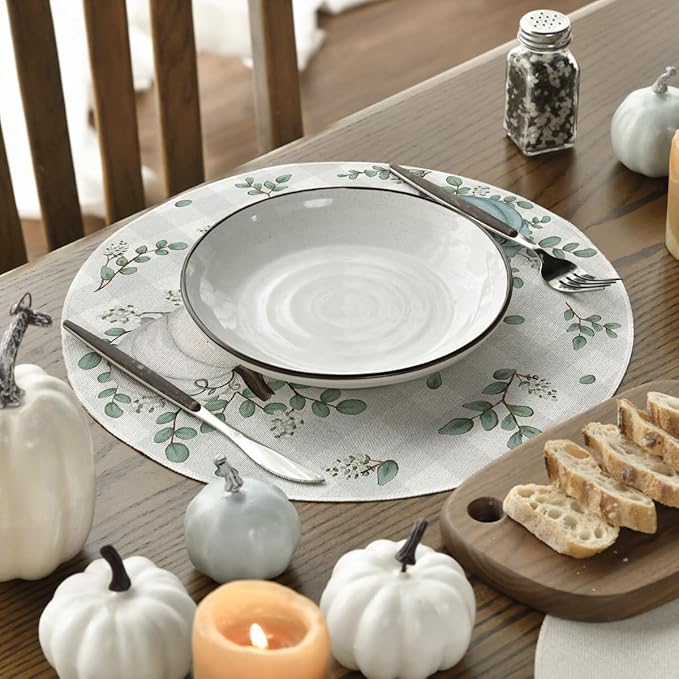 Artoid Mode Pumpkins Eucalyptus Leaves Round Fall Placemats Set of 6, 14 Inch Seasonal Autumn Table Mats for Table Runner Dining Decoration