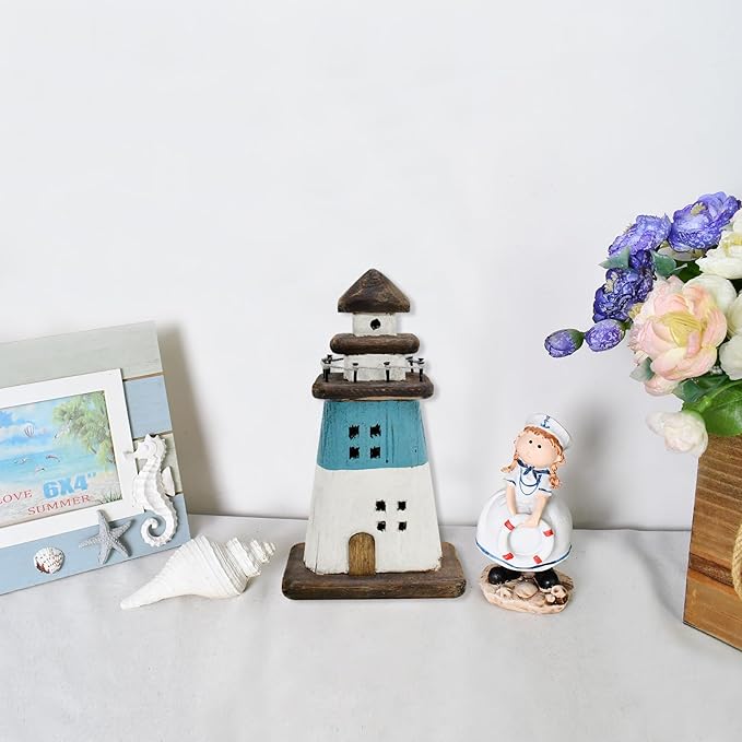 K KILIPES Beach Lighthouse for Bathroom Nautical Home Decor, 7.5" H Wood Light House Hand Crafted Sculpture Tabletop Coastal Centerpiece Ocean Decorations