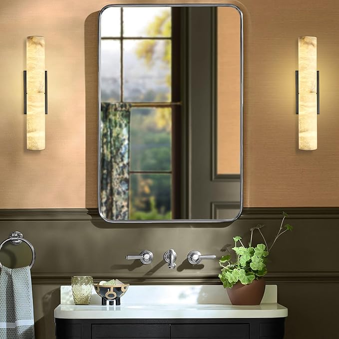Bronze Alabaster Wall Sconces, 20" Natural Marble Wall Sconce, Hardwired Black Wall Sconces Indoor, Stone Wall Sconce Dimmable, Alabaster Wall Lamp for Living Room, Bathroom, Bedroom, Stair-Upgraded