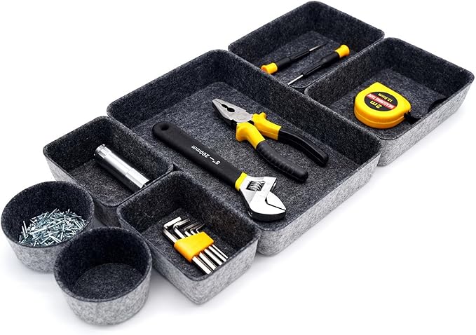 Welaxy Drawer organizer felt trays desk storage bins dividers small drawers organizing box for office supplies interior cozy decor catchall entryway key holder 7-piece back to school (Charcoal)