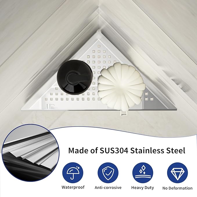 Corner Shower Shelf, 10" Polished 304 Stainless Steel Recessed Shelves for Bathroom, Grout in Shelf Racks for Tiled Wall, 2 Pack, No Drilling Needed