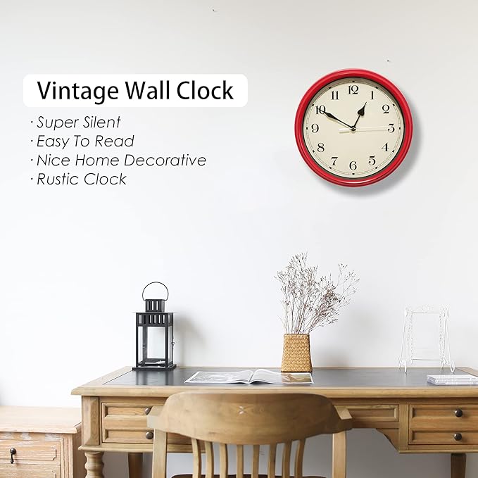 AYRELY® Decorative Vintage Wall Clock - 11Inch Silent Non-Ticking Clocks Battery Operated - Classic Decor for Living Room, Farmhouse, Kitchen, Bedroom, Bathroom (Red)