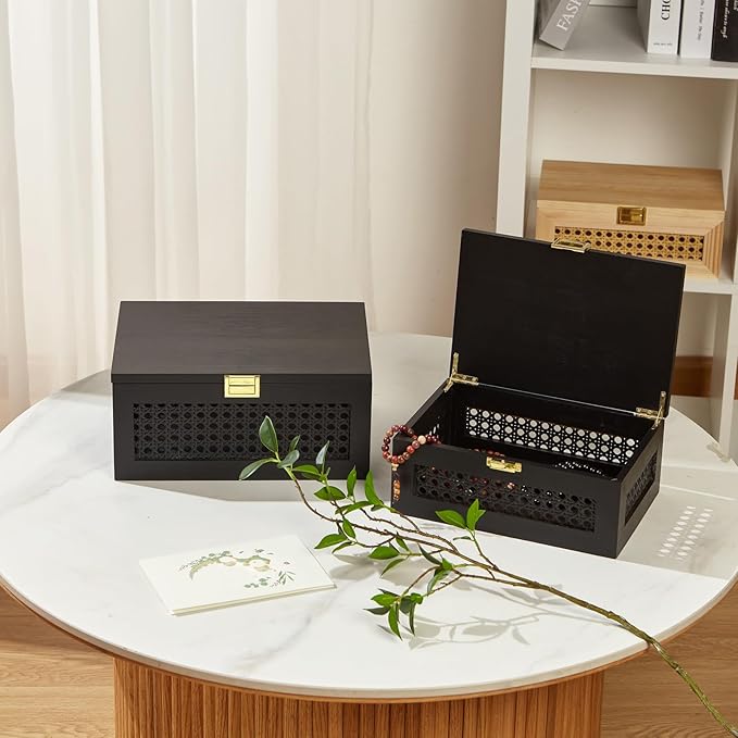 Decorative Rattan Storage Boxes Solid Wood Woven Baskets Bins with Lid Keepsake Memory Jewelry Box Natural Boho Shelf Wicker Closet Desk Organizer Container (Black, Large Size)