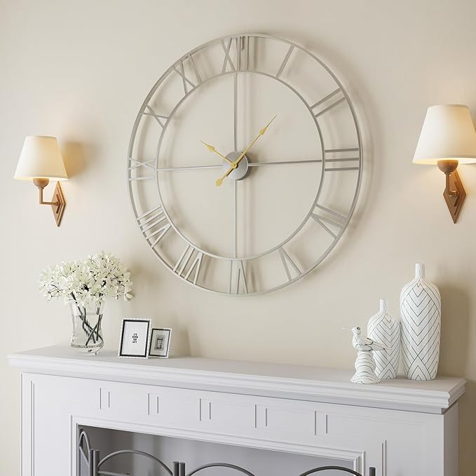 Large 36 Inch Wall Clock Silver, Modern Decorative Metal Wall Clocks for Living Room, Completely Silent Non Ticking Battery-Operated Roman Numeral Analog Round Clocks