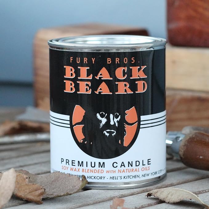 Scented Candles for Men | Black Beard | Gunpowder & Charred Hickory | Natural Soy Wax | Hand-Poured in the USA | Long 70-80 Hour Burn (12.5 oz) | Vintage-inspired Tin Design | Dad Home Gift