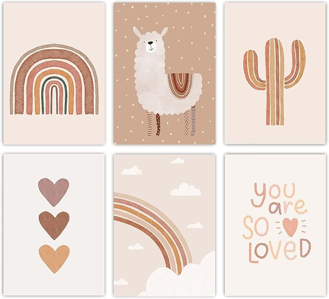 Canssape 6pcs Boho Baby Room Decor Poster, Canvas Wall Art Prints, Rainbow Nursery Wall Decor, Unframed Kids Wall Decor for Baby Girl Room Art, Heart Color, Animal Theme, Watercolor, 8x10 inch