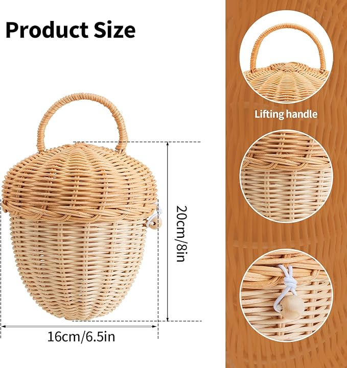 Handmade Wicker Rattan Mushroom-Shaped Storage Basket for Outdoor, Kids, Decor, Photography Props (Acorn-Shaped)