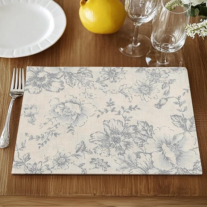 JINCHAN Linen Floral Placemats Set of 4 Farmhouse Cloth Table Mats Holiday Seasonal Rustic for Kitchen Dining Home Decor Washable Tablemats Double Layer Placemats 13x19 Inch Grey