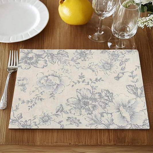 JINCHAN Linen Floral Placemats Set of 4 Farmhouse Cloth Table Mats Holiday Seasonal Rustic for Kitchen Dining Home Decor Washable Tablemats Double Layer Placemats 13x19 Inch Grey