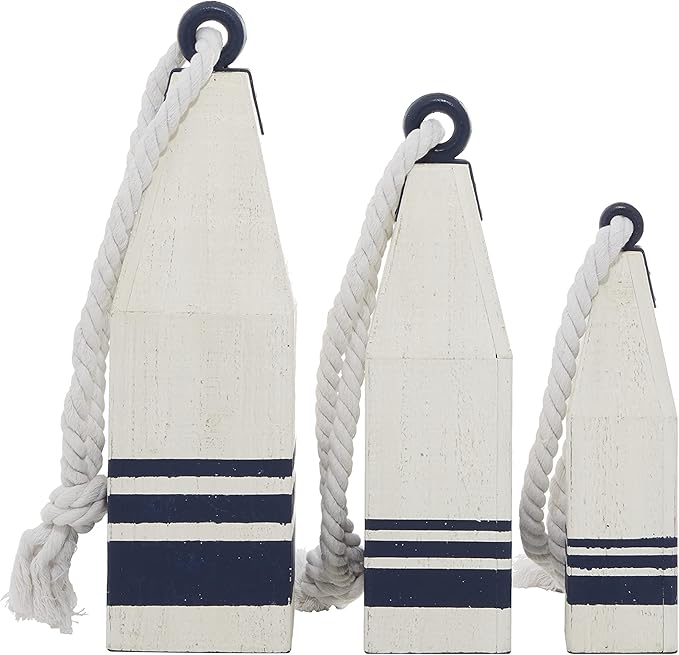 Deco 79 Wood Buoy Handmade Decorative Sculpture Home Decor Statues with Rope Accents, Set of 3 Accent Figurines 17", 15", 12"H, White