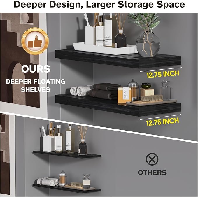 Floating Shelf, Set of 1 Wall Shelf, 36 in W x 12.75 in D x 2 in H Wooden Floating Wall Shelf with Invisible Brackets for Living Room/Bedroom/Bathroom/Kitchen Storage and Decor, Black Wood