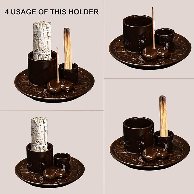 4 in 1 Incense Burner Holder,Incense Sage and Palo Santo Holder,Incense Stick Holder,Ceramic Incense Holder Ash Catcher,for Meditation Room (Black)