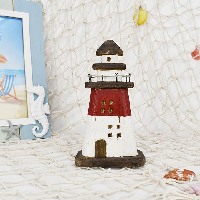 K KILIPES Beach Lighthouse for Bathroom Nautical Home Decor, 7.5" H Wood Light House Sculpture Tabletop Coastal Centerpiece Ocean Decorations