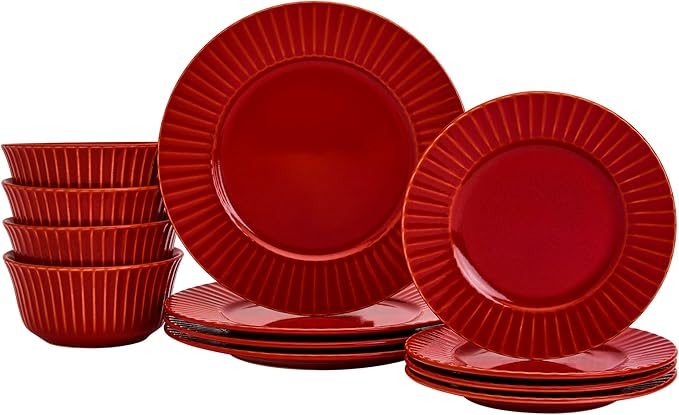 Tabletops Gallery Richmond 12-Piece Reactive Glaze Stoneware Dinnerware Set of Kitchen Dishes, Dinner Plates, Cereal Bowls, Service for 4, Red