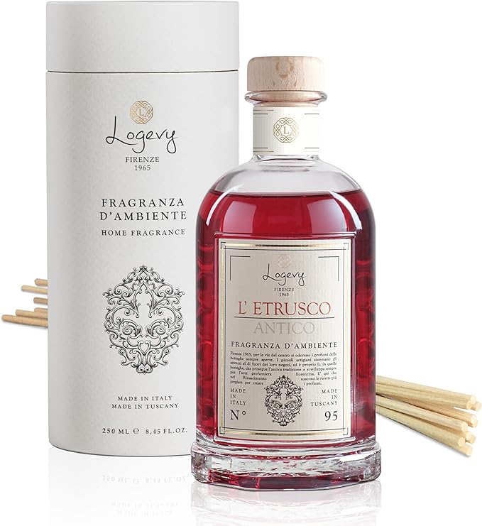 Logevy Firenze 1965 L’Etrusco Antico – The Ancient Etruscan Luxury Home Fragrance Diffuser from Master Perfumer with Spicy & Woody Notes in Elegant Glass Bottle with 10 Natural Bamboo Reeds – 250ml
