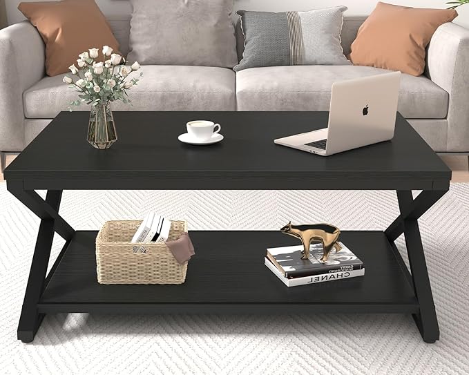 HSH Black Coffee Table with Storage Shelf, Modern Metal Wood Living Room Table, Simple 2 Tier Rectangle Center Table, 39 Inch Office Bedroom Display Cocktail Tea