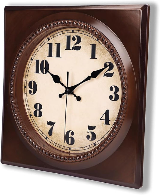 Wall Clock Vintage 1950s Style - Square Retro 12 Inch Wall Clocks Battery Operated for Kitchen Home Decor, Cherry Red