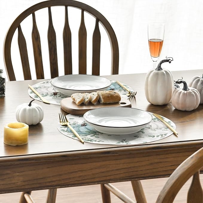 Artoid Mode Pumpkins Eucalyptus Leaves Round Fall Placemats Set of 6, 14 Inch Seasonal Autumn Table Mats for Table Runner Dining Decoration